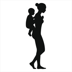 Silhouette of a woman carrying a baby on her back, walking./Simple, elegant silhouette of a woman carrying a baby on her back, walking.