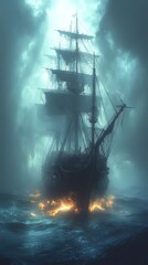 A tall ship sails on a dark stormy sea with dramatic lighting.