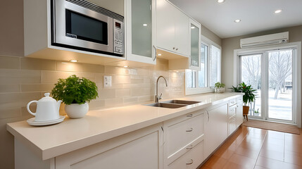 Fototapeta premium Modern kitchen with white cabinets, beige countertops, and stainless steel appliances
