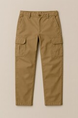 a pair of khaki-colored cargo pants laid flat on a neutral background.