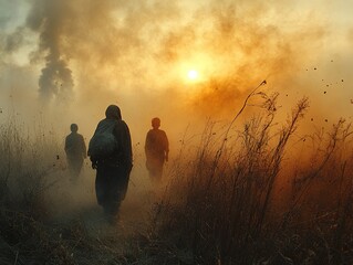 Three figures walk through a field with smoke or dust and golden sunlight.