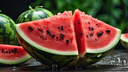 A vibrant slice of watermelon, with three triangular pieces arranged around a whole section
