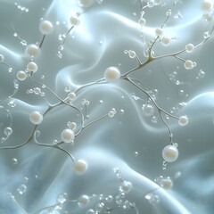 Elegant Pearls: Delicate pearls adorn slender branches, gracefully displayed against a backdrop of soft, shimmering fabric. A testament to beauty, serenity, and refined taste.