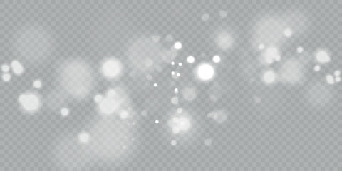 Abstract light shine blur bokeh effect on white transparent background. Vector lens flare spot light sparkles or shiny glittering glow beams for modern trendy Christmas celebration design template