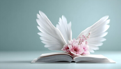 Serene image of pink flowers and white wings emerging from an open book against a soft blue background