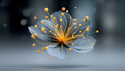Abstract grey flower with glowing orange stamens, floating against a blurred background