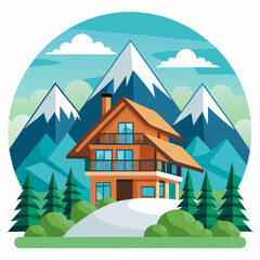 Mountain Lodge in a scenic landscape with mountains and trees