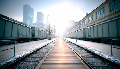 Fototapeta premium Sunlit railway tracks between freight cars and city buildings in winter