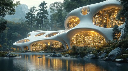 Modern organic architecture building near water surrounded by lush green trees.