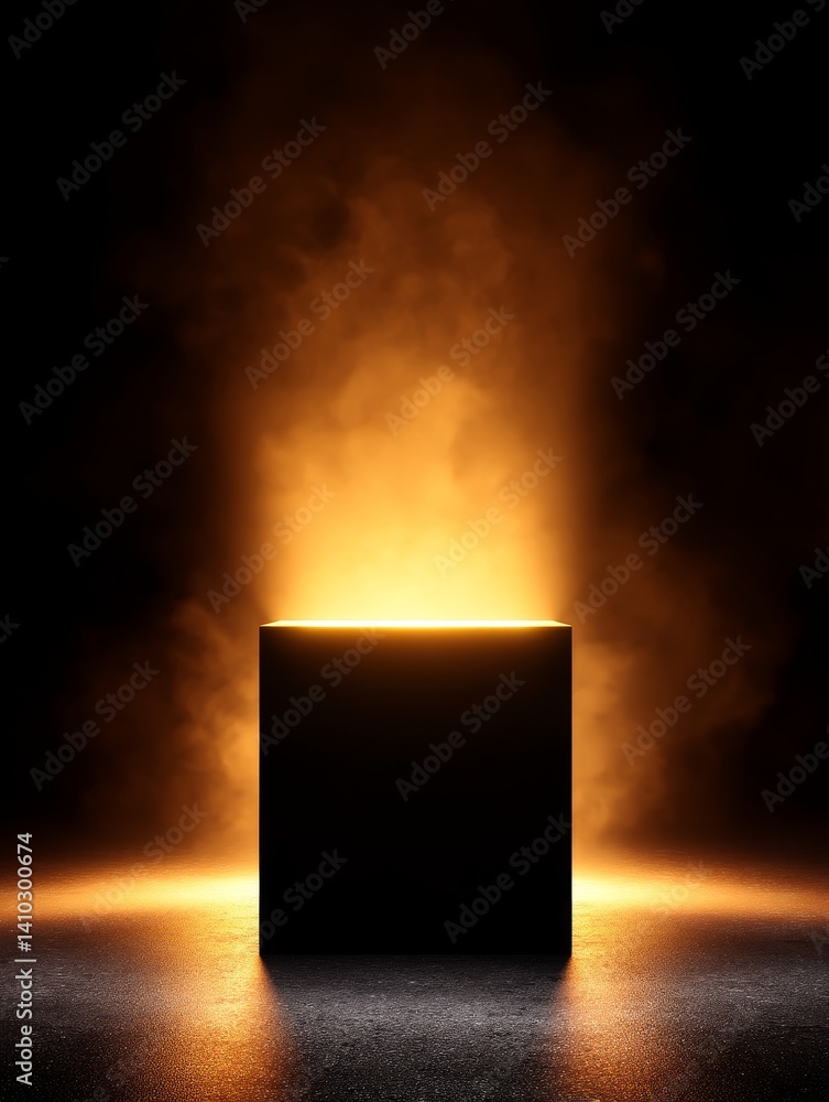 Poster illuminated cube on dark surface - a black cube sits on a dark surface, illuminated from above by a 