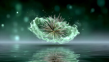 Obraz premium Teal energy burst floats above water, reflecting light