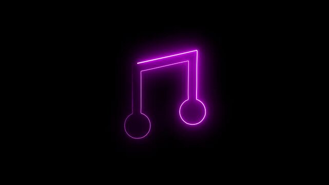 Abstract Glowing blue neon line audio music player icon animation.Music notes glowing sign of purple colors. Glowing neon note sign, melody.purple neon line and black background
