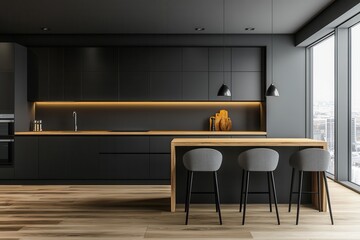 Modern dark gray kitchen with wooden bar