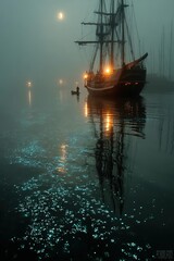 Ship on water with lights reflected in the water under a foggy sky.