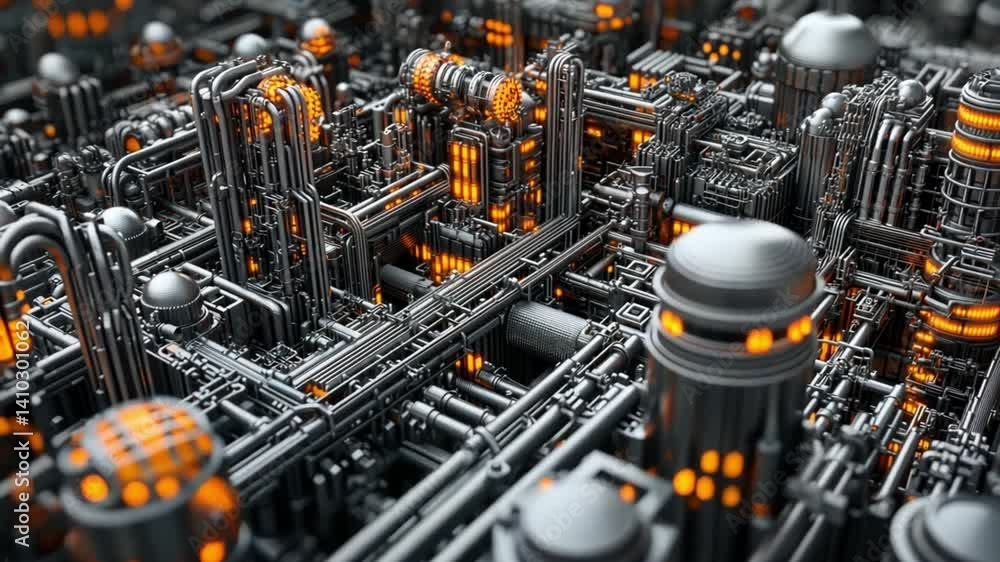 Poster intricate machine metropolis: a 3d render of a complex industrial network