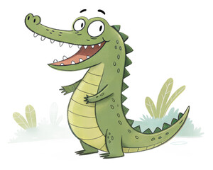 Cartoon crocodile smiling joyfully in a light green environment  