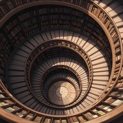 Fototapeta premium An anime-style library staircase spiral view from above, with warm wood tones and quiet shadows.