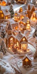 Miniature village covered in snow with warm glowing lights inside the buildings.