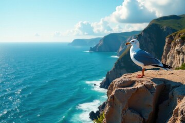 Fototapeta premium Seagulls Perched on Cliff Edge Watching the Ocean , shore, bird, ocean