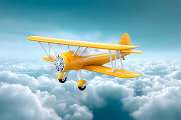 Yellow biplane flying above fluffy white clouds under a vibrant blue sky