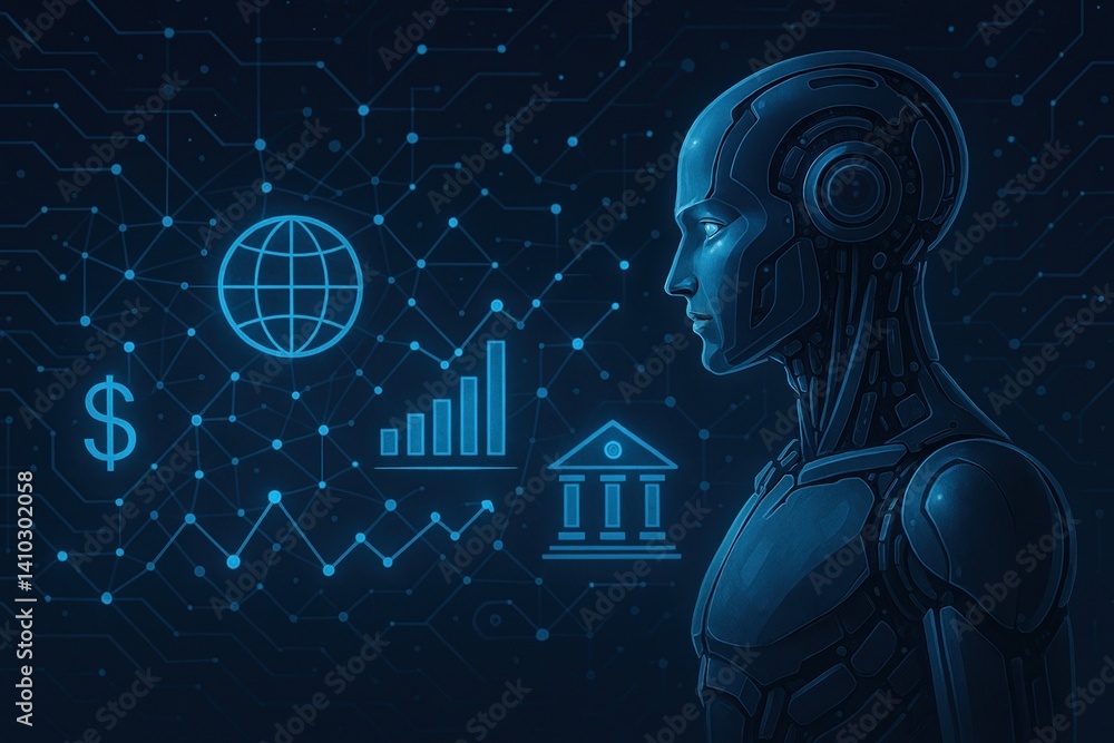 Poster ai financial investment network depicting general ai with financial icons and data visualization on 