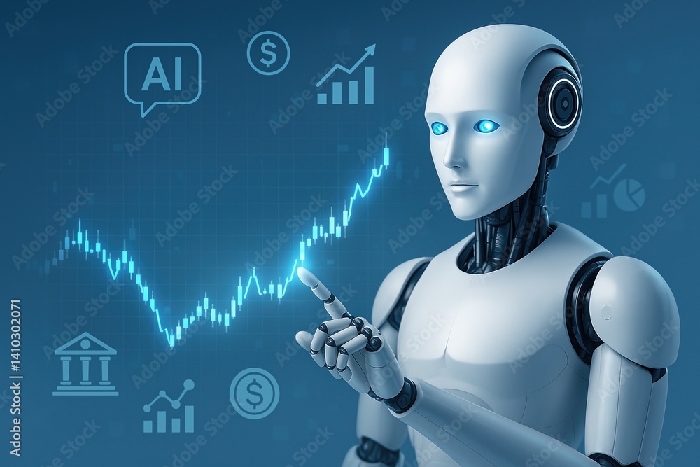 Poster futuristic ai investing with robot analyzing financial data and technology symbols in virtual realit