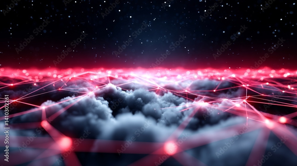 Poster network above the clouds - abstract of a network connection above a sea of clouds, glowing red lines