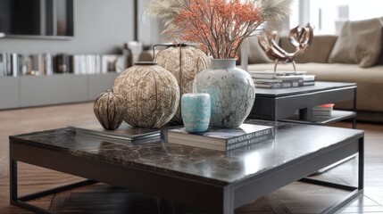 Stylish living room decor featuring a dark marble coffee table, adorned with textured vases, decorative orbs, and dried floral arrangements. The room exudes a calm and sophisticated atmosphere.