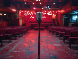 Microphone stands on stage in empty theater with red seats and lighting.