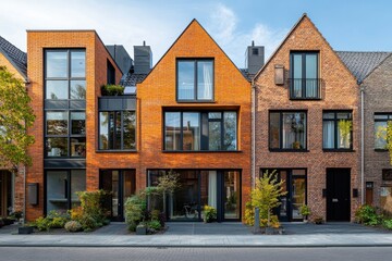 Naklejka premium Modern architecture blends with classic design in a vibrant urban neighborhood during a sunny afternoon