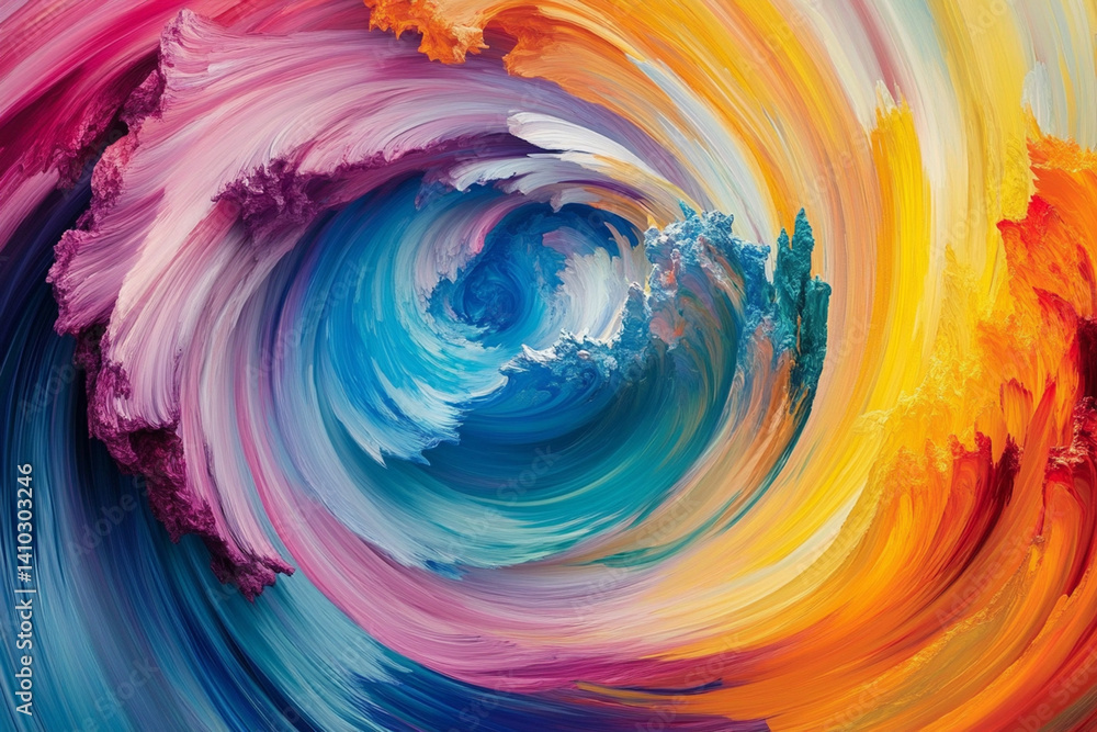 Poster abstract swirling vortex of vibrant colors, resembling a dynamic motion of paint strokes, creating a