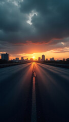An epic sunset on the road with a city silhouette, highlighting the beauty of travel. The sky is full of dark clouds, while the road is perfectly centered and reflective of the sunset glow.