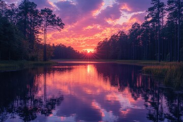 Fototapeta premium Peaceful Sunset Over Still Pond in Forest