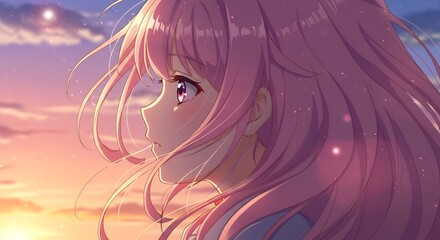 Naklejka premium Girl with Pink Hair Looking at the Sunset Sky