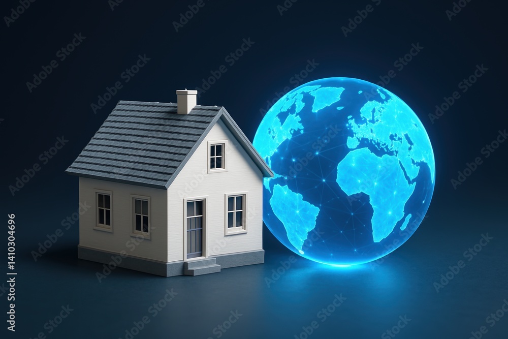Aufkleber digitally connected home with blue globe symbolizing global internet access and communication possib