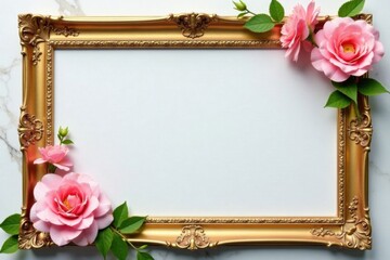 A golden frame surrounds a delicate floral arrangement on a marble background, ornate details, luxury , living room