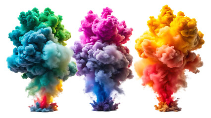 A set of multi colored smoke bomb explosion isolated on white background PNG. GENERATIVE AI