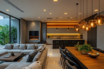 Modern living room and kitchen area with large sofa and dining table.