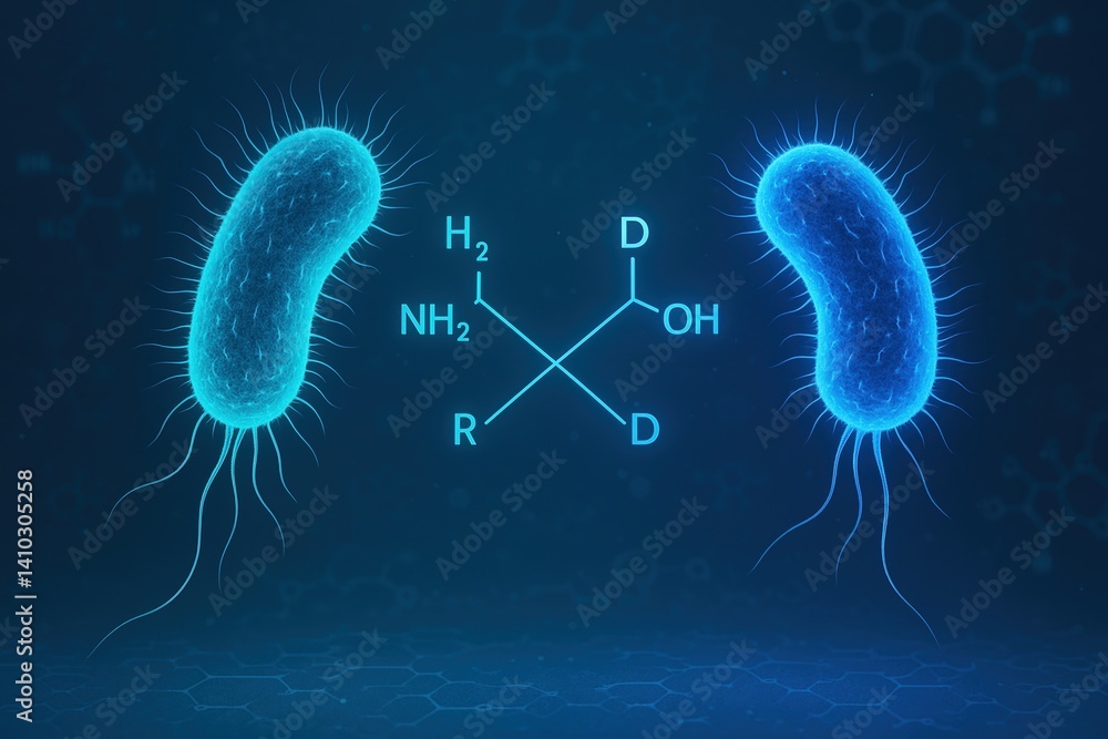 Poster mirror bacteria concept with reversed molecular chirality using mirror image biomolecules in a scien