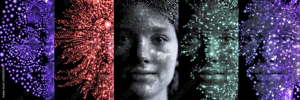 Poster abstract portraits - a stylized featuring four faces, each overlaid with a unique color-coded partic