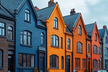 Fototapeta premium Charming row of colorful houses with striking architecture in a quaint neighborhood during overcast weather