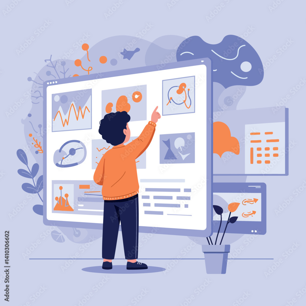 Poster young man interacting with digital touchscreen data display in flat design vector illustration