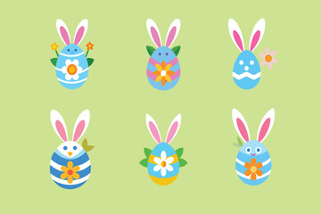 Happy Easter bunny with cute cartoon eggs and spring flowers illustration