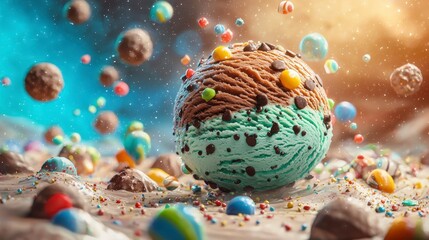 Cosmic Ice Cream Dream A Whimsical 3D Render of a Double Scoop Ice Cream Sphere Surrounded by Candy