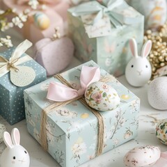 Colorful Easter gifts and decorations set up for a festive celebration in springtime