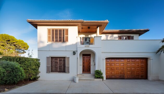 lujosa villa americana de tipo espanol con dos plantas con fachada blanca tejados clasicos y garaje con puertas de madera y ventanas con contraventanas de madera