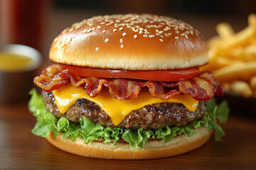 Hamburger topped with bacon and cheese on wooden table.