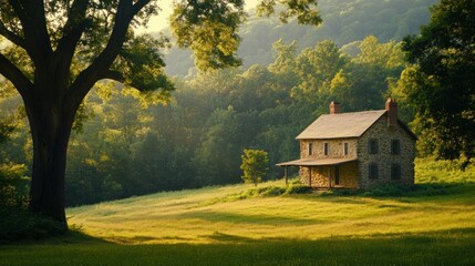 A stone house resides peacefully in a vibrant green field