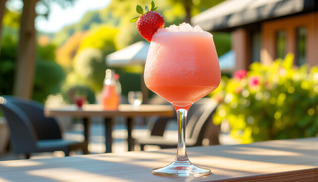 Frozen ros&eacute; cocktail (fros&eacute;) with strawberry garnish, refreshing pink summer drink