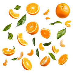 Fresh Oranges and Mandarin Segments Falling on White Background